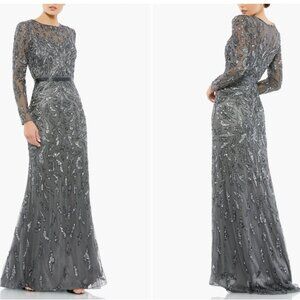 MAC DUGGAL 5924 BEADED LONG SLEEVE CHARCOAL GOWN sz 14